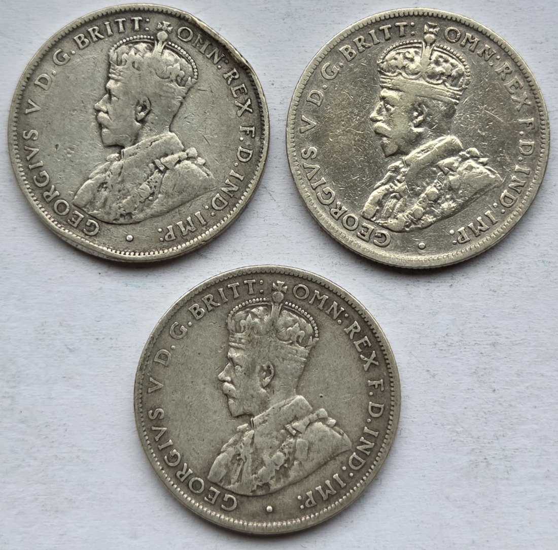  Australien: 3 x 1 Florin (1918 + 1927 + 1931), zusammen 31,4 g Feinsilber   