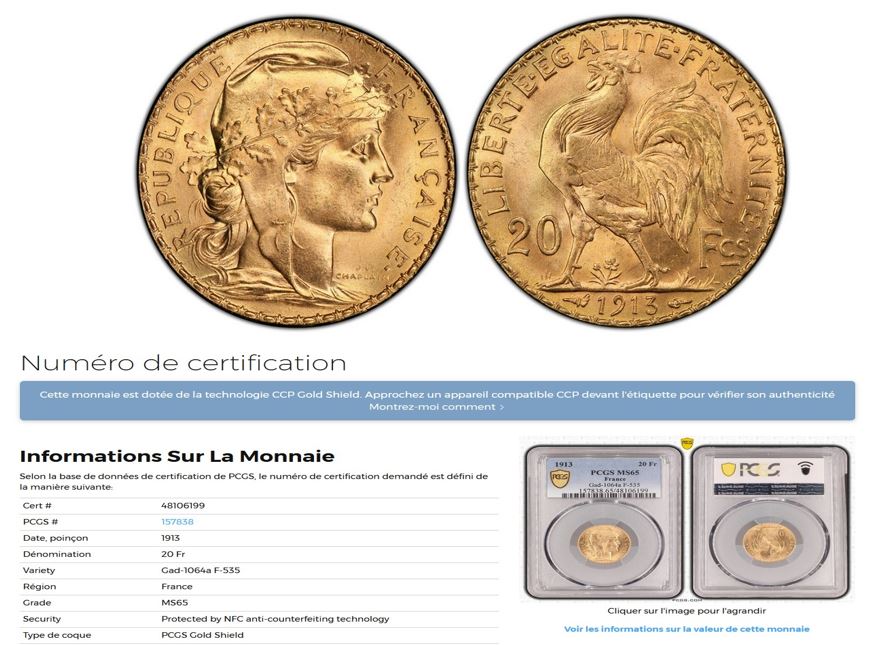 FRANKREICH 20 GOLD FRANCS - MARIANNE 1913 - PCGS MS 65   