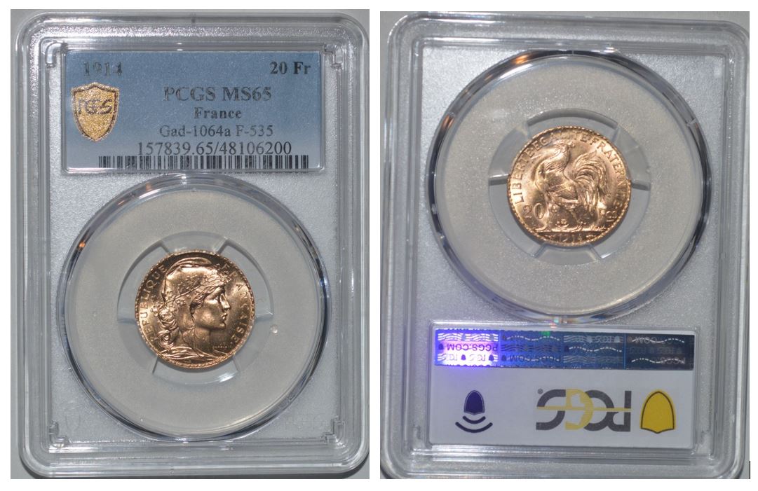 FRANKREICH 20 GOLD FRANCS - MARIANNE 1914 - PCGS MS 65
