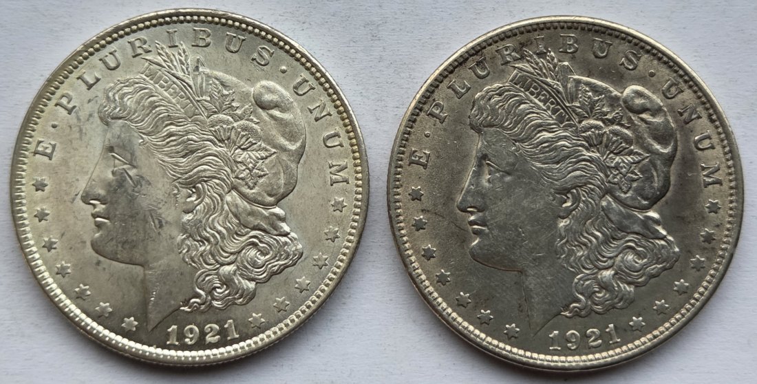  USA Vereinigte Staaten: 1 Dollar (Morgan-Dollar) 1921, 2 Stück   