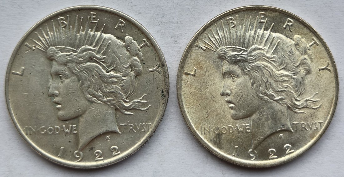  USA Vereinigte Staaten: 1 Dollar (Peace-Dollar) 1922, 2 Stück   