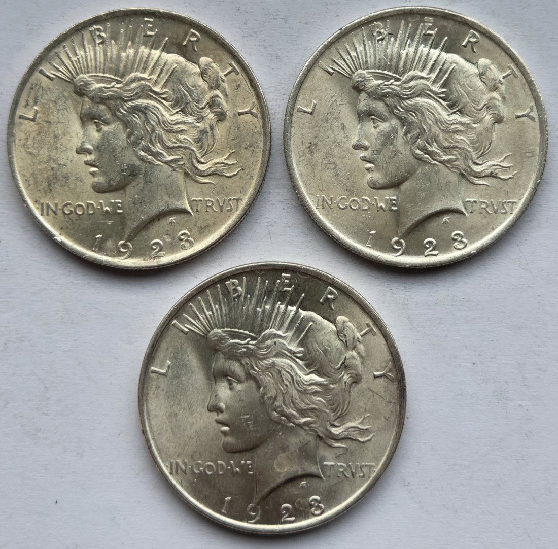  USA Vereinigte Staaten: 1 Dollar (Peace-Dollar) 1923, 3 Stück   