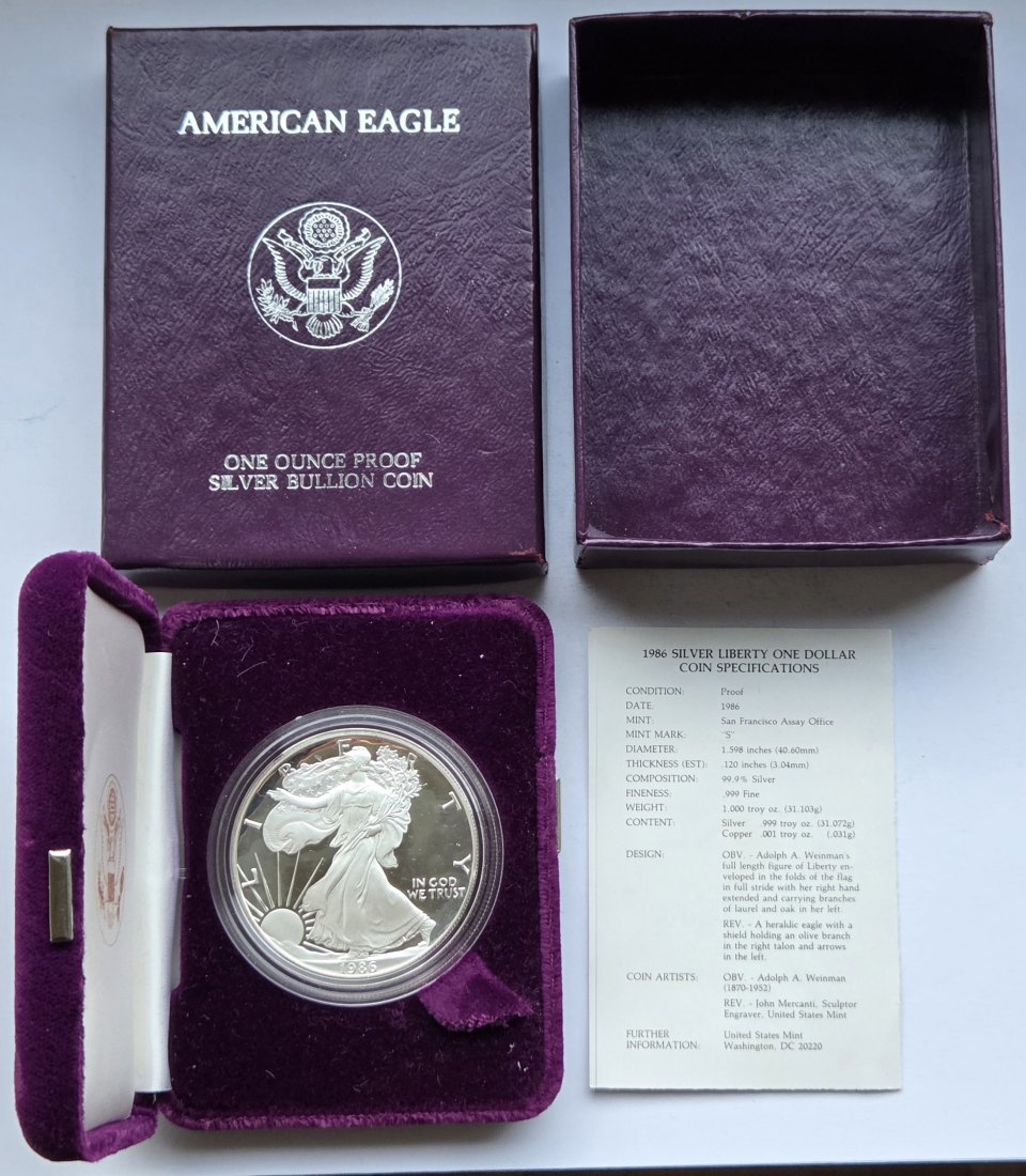  USA Vereinigte Staaten: Silberunze American Eagle 1986, Proof/PP   