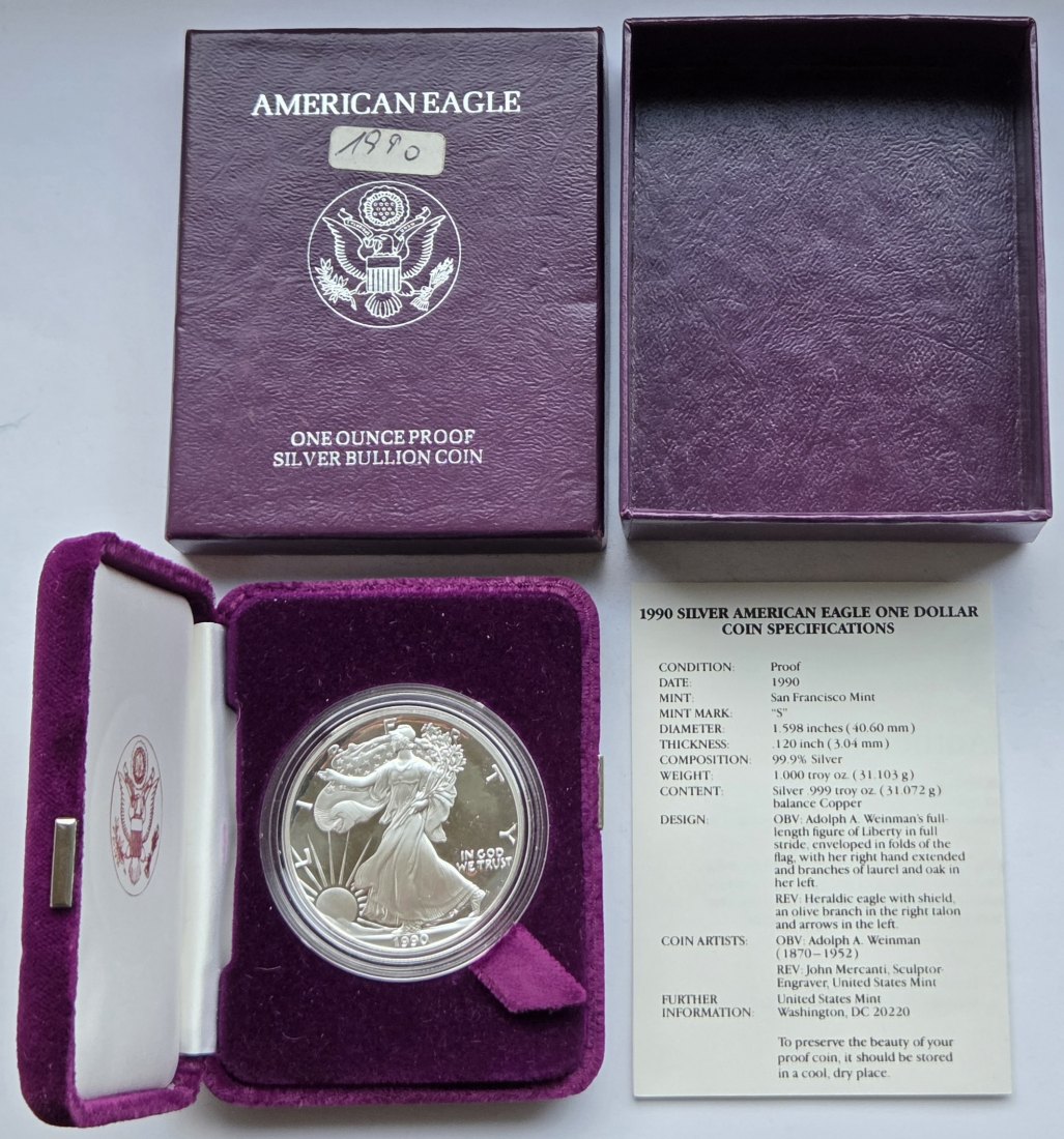  USA Vereinigte Staaten: Silberunze American Eagle 1990, Proof/PP   