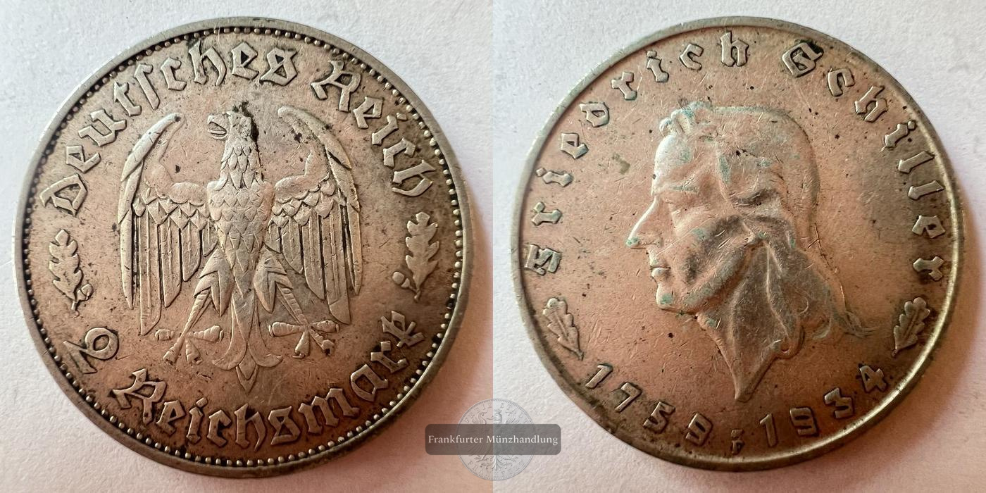  DE Drittes Reich, 2 Reichsmark 1934 175. Geburtstag Schiller FM-Frankfurt KM#84 Feinsilber: 5g   