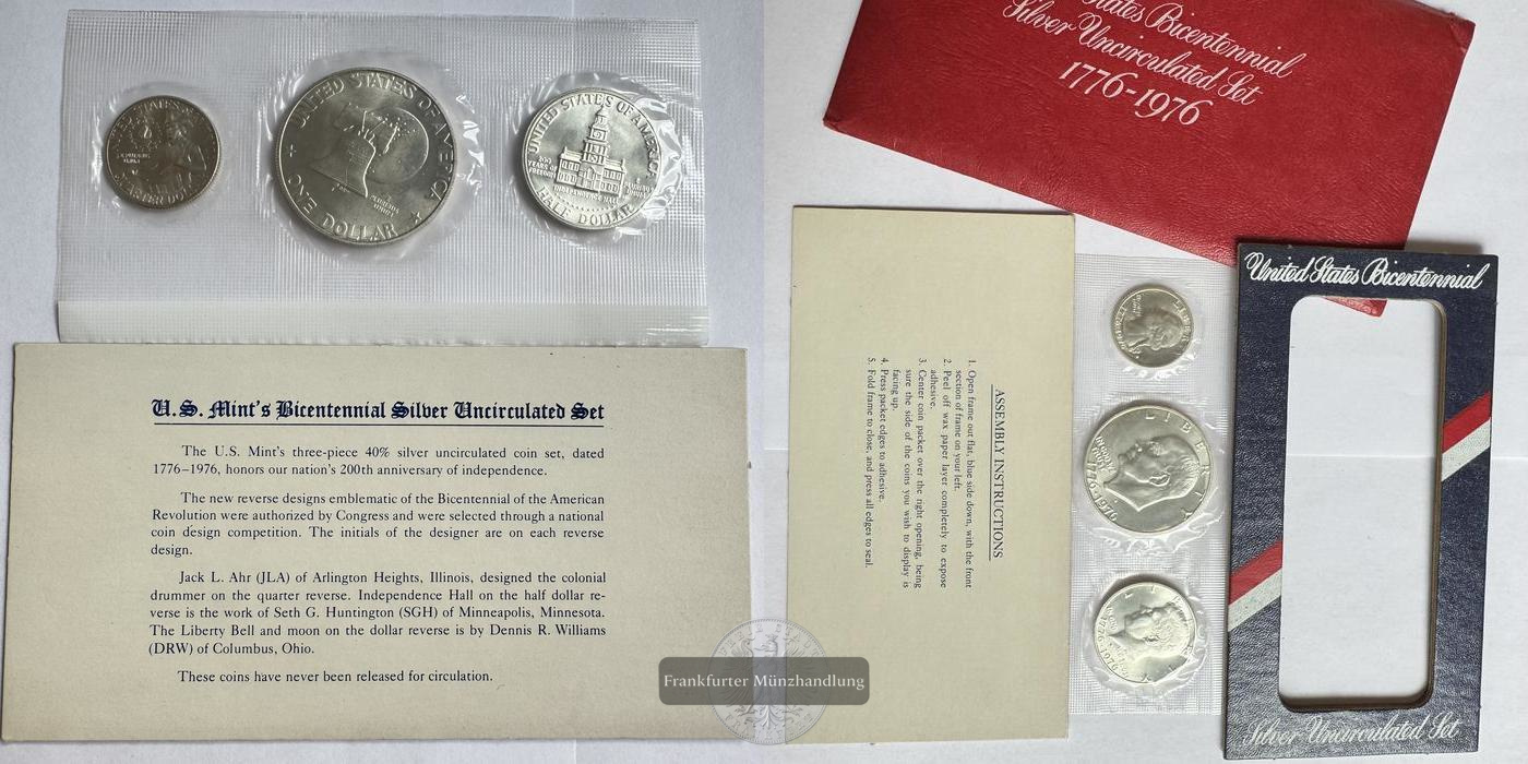  USA 1, 1/2 & 1/4 Dollar 1976 San Francisco Mint FM-Frankfurt Feinsilber: 16,736g   