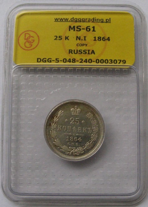  1864, 25 Kopeck, SLAB, copy of a Russian silver coin   