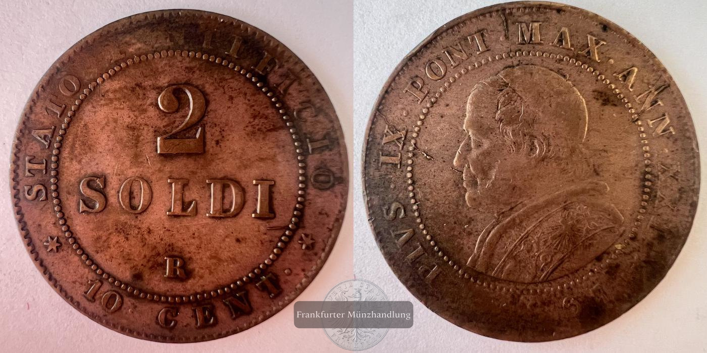  Papal States 2 Soldi / 10 Centesimi 1867 Pius IX FM-FRANKFURT KM#1373 Raugewicht copper: 10g   