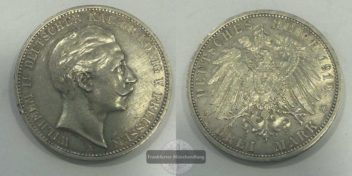  Deutschland Kaiserreich Preussen 3 Mark 1910 A Wilhelm II FM-Frankfurt KM#527 Feinsilber: 15g   