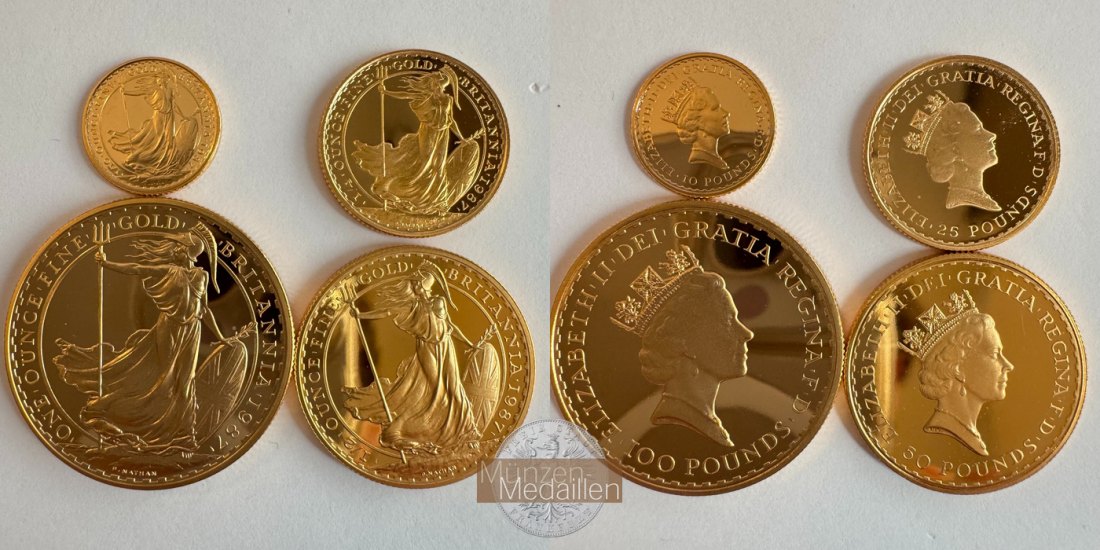 Großbritannien Set 100, 50, 25, 10 Pounds 1987 MM-Frankfurt Feingold: 57,54g