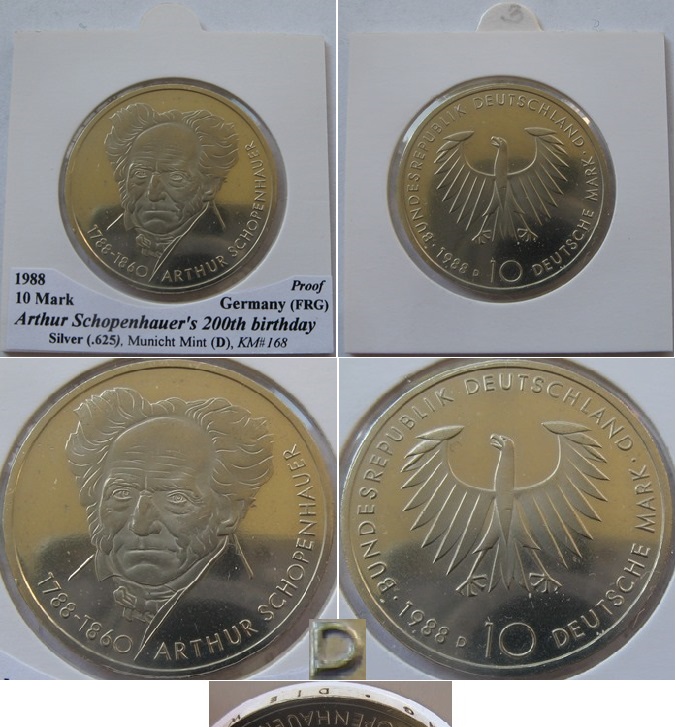  1988,Germany, 10 Mark (D)- Arthur Schopenhauer,silver coin,proof (0.31 oz silver)   