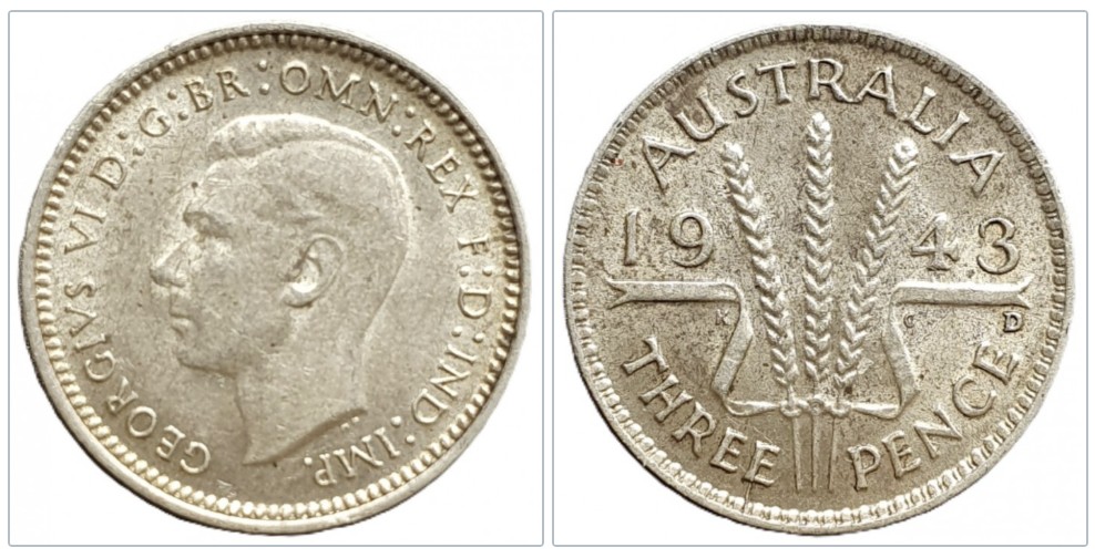  Australien 3 Pence 1943 Münzzeichen D Denver Silber 1,31g fein   