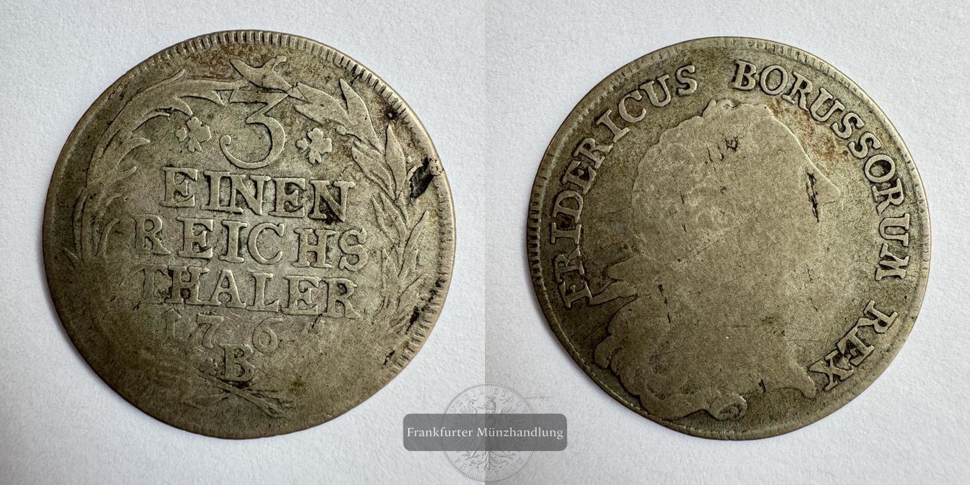  HRR Preußen, ⅓ Reichsthaler Frederick II 1765 'B' FM-Frankfurt KM#303 Feinsilber: 5,28g   