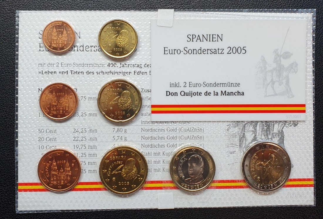  Spanien Euro-Sondersatz 2005 inkl. 2 Euro-Sondermünze Don Quijote de la Mancha in Noppenfolie   