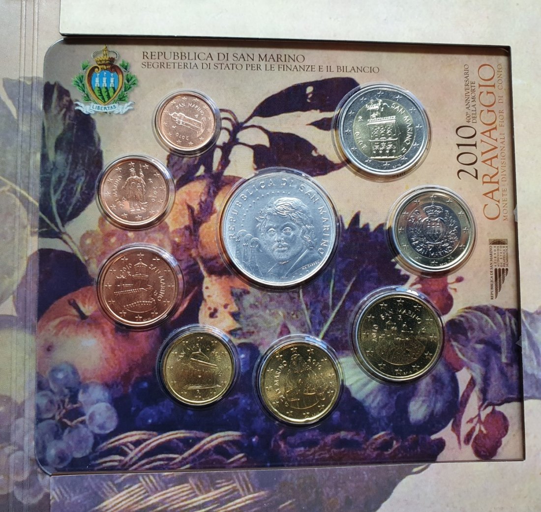  San Marino Euro Satz 2010 mit 5 Euro Silber Gedenkmünze 400 Todestag von Caravaggio   