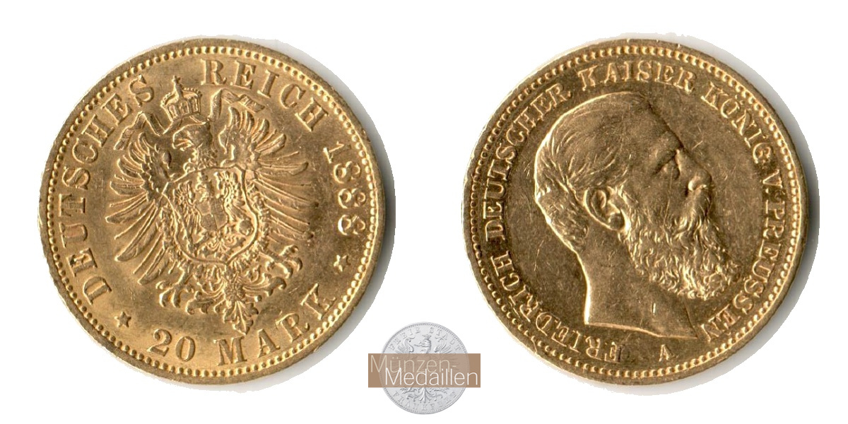 Dt. Kaiserreich Preussen, Friedrich III MM-Frankfurt KM#515 Feingold: 7,17g 20 Mark 1888 A 