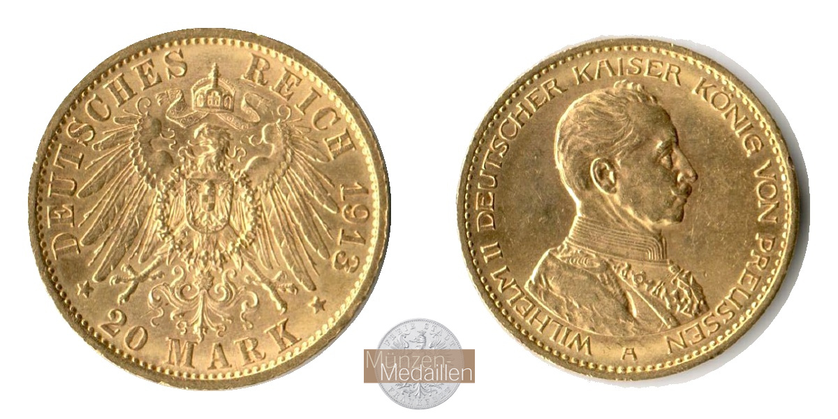 Preussen Kaiserreich, Wilhelm II Uniform MM-Frankfurt KM#537 Feingold: 7,17g 20 Mark (1913-1915) 1913 A 