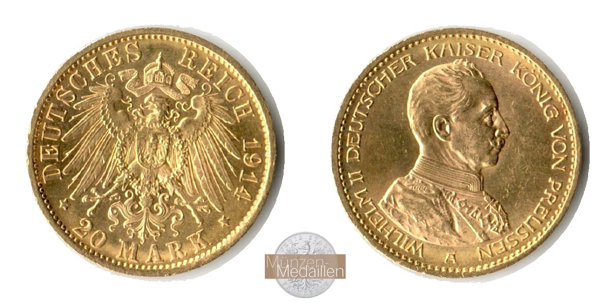 Preussen Kaiserreich, Wilhelm II Uniform MM-Frankfurt KM#537 Feingold: 7,17g 20 Mark (1913-1915) 1914 A 
