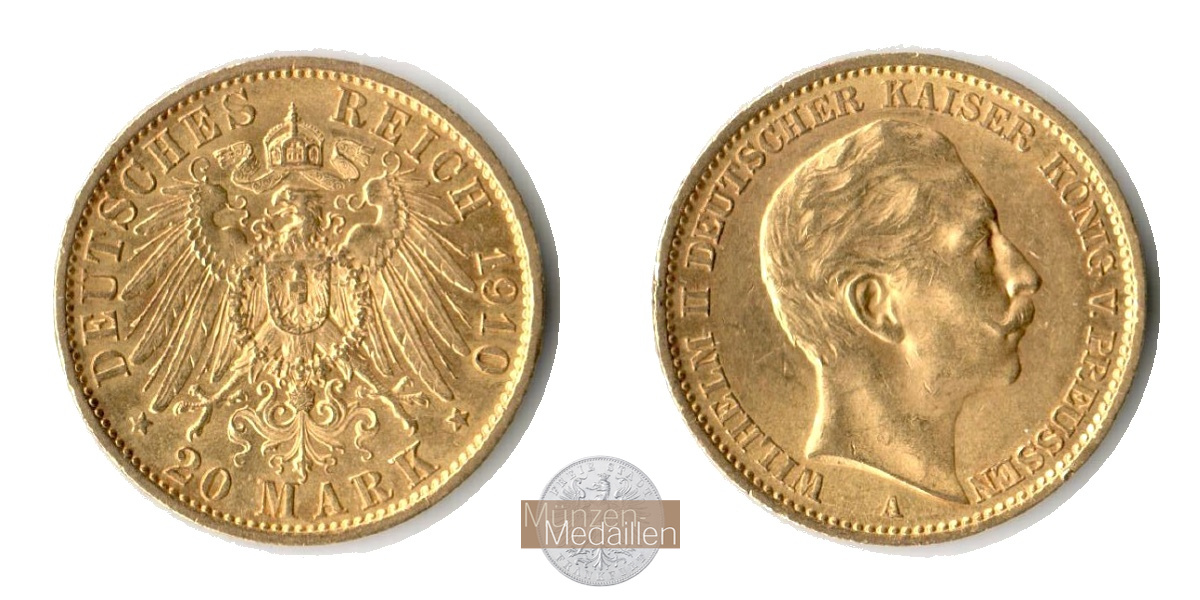 Dt. Kaiserreich. Preussen Wilhelm II. MM-Frankfurt Feingold: 7,17g 20 Mark 1910 A 