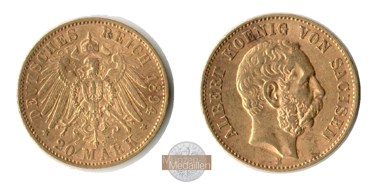 Dt. Kaiserreich Sachsen, Albert MM-Frankfurt KM#1248 Feingold: 7,17g 20 Mark (1894-1995) 1894 E 