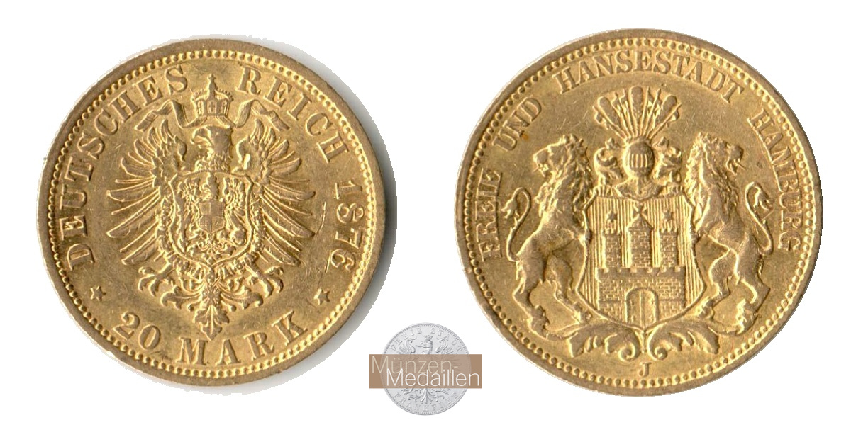 Hamburg, Kaiserreich MM-Frankfurt KM#602 Feingold: 7,17g 20 Mark (1875-1889) 1876 J 