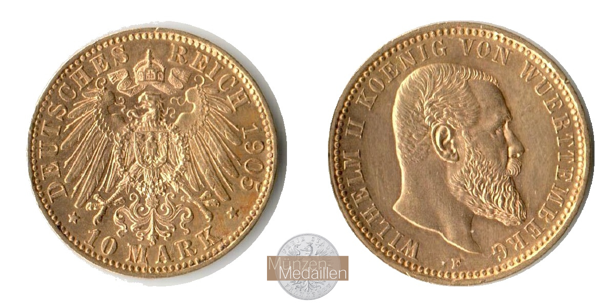 Deutsches Kaiserreich. Württemberg MM-Frankfurt Feingold: 3,58g Wilhelm II., 10 Mark 1905 F 
