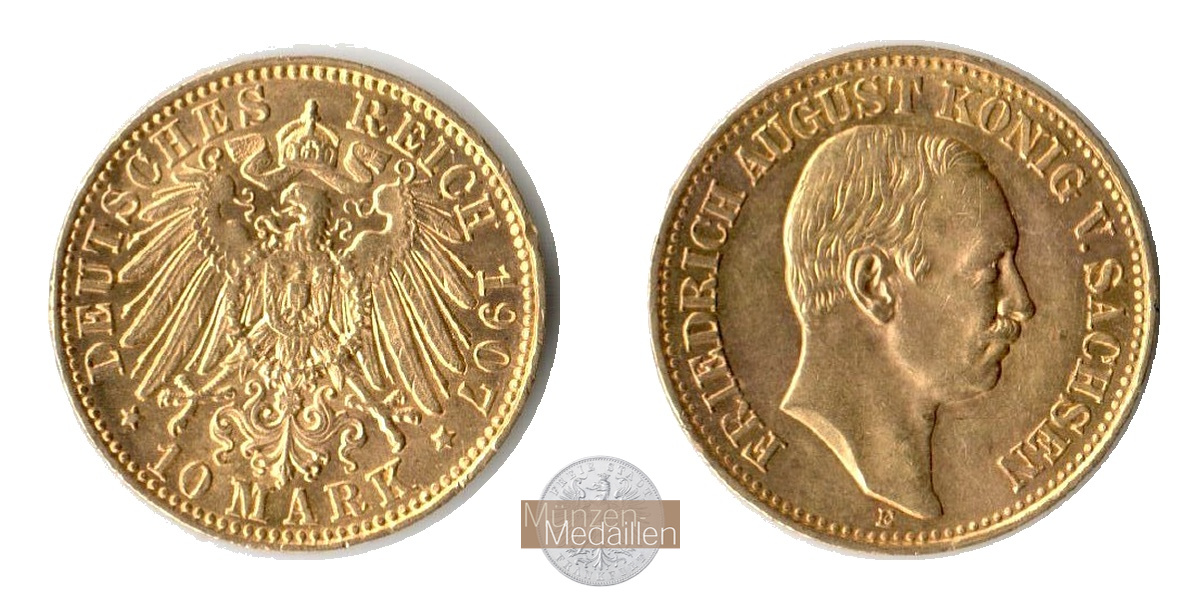 Deutsches Kaiserreich. Sachsen MM-Frankfurt Feingold: 3,58g Friedrich August 1904-1918. 10 Mark 1907 E 