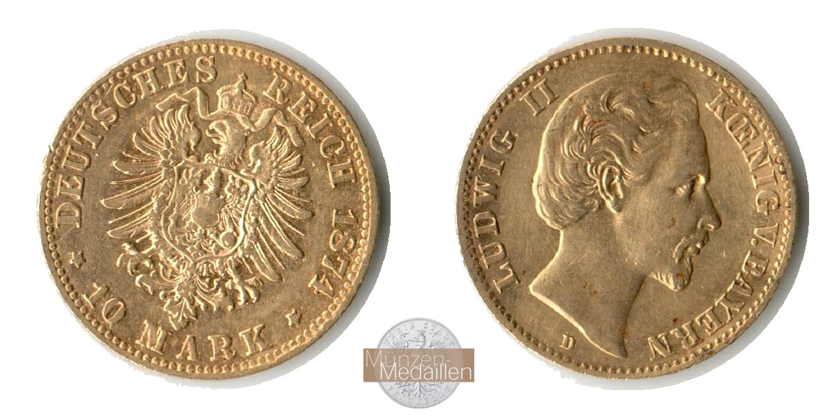 Bayern, Kaiserreich  10 Mark MM-Frankfurt KM#898 Feingold: 3,58g Ludwig II 1874 D 