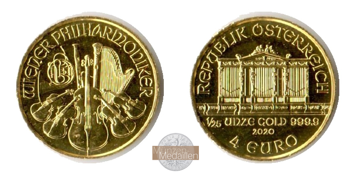 Österreich.  4 Euro 2015 MM-Frankfurt Feingold: 1,24g Wiener Philharmoniker 2020 