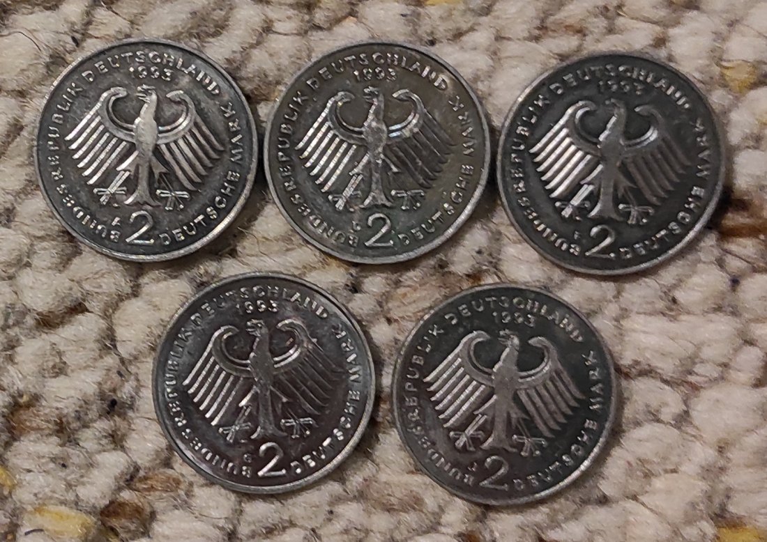  d047: Deutschland 2 Mark 1993, Ludwig Erhard komplett A, D, F, G, J   