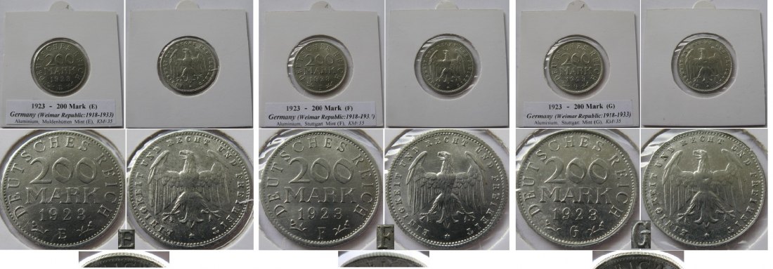  1923, Germany - Weimar Republic,  set 3 pcs 200 Mark-coin (E,F,G)   