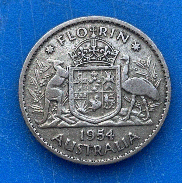  SILBER - Australien 1 Florin (2 Shillings) 1954 Elizabeth II.  (Känguru & Emu)   