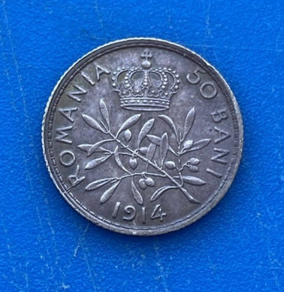  SILBER - Königreich Rumänien 50 Bani 1914 Carol I. & Gekrönte Olivenzweige   