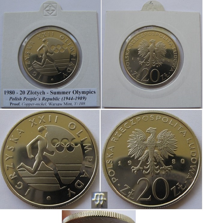  1980,Poland, 20 Zlotych,  commemorative issue: 1980 Summer Olympics,Proof(Mintage:5,000)   