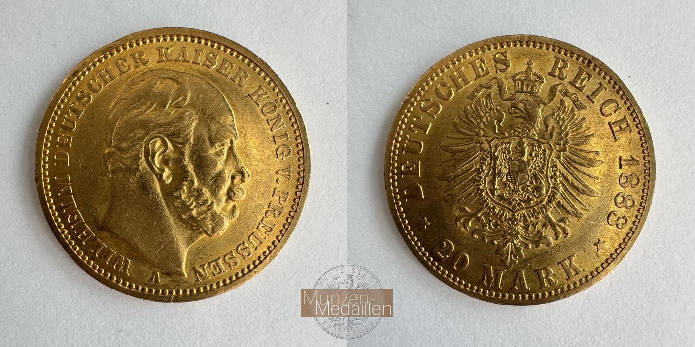 Dt. Kaiserreich Preussen, Wilhelm I. MM-Frankfurt KM#505 Feingold: 7,17g 20 Mark (1874-1888) 1883 A 