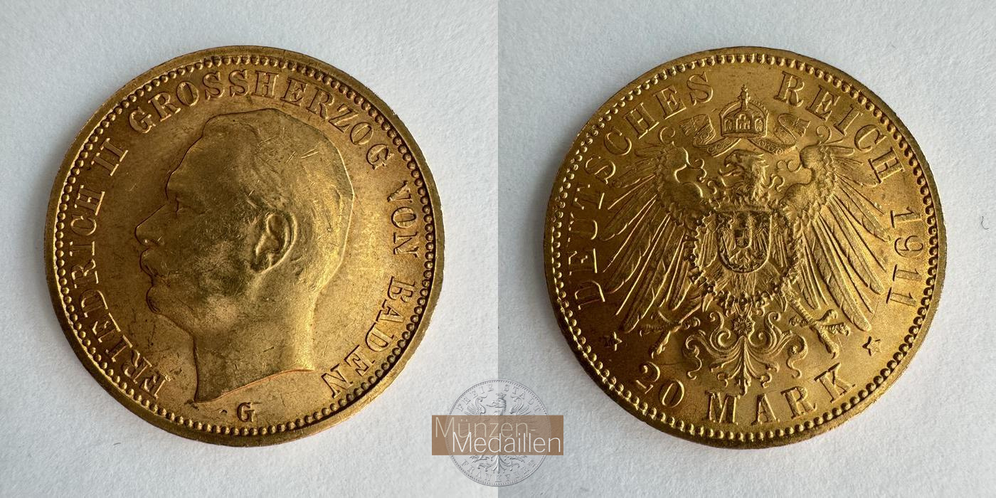 Deutsches Kaiserreich. Baden, MM-Frankfurt KM#284 Feingold: 7,17g Friedrich II. 20 Mark 1911 G 