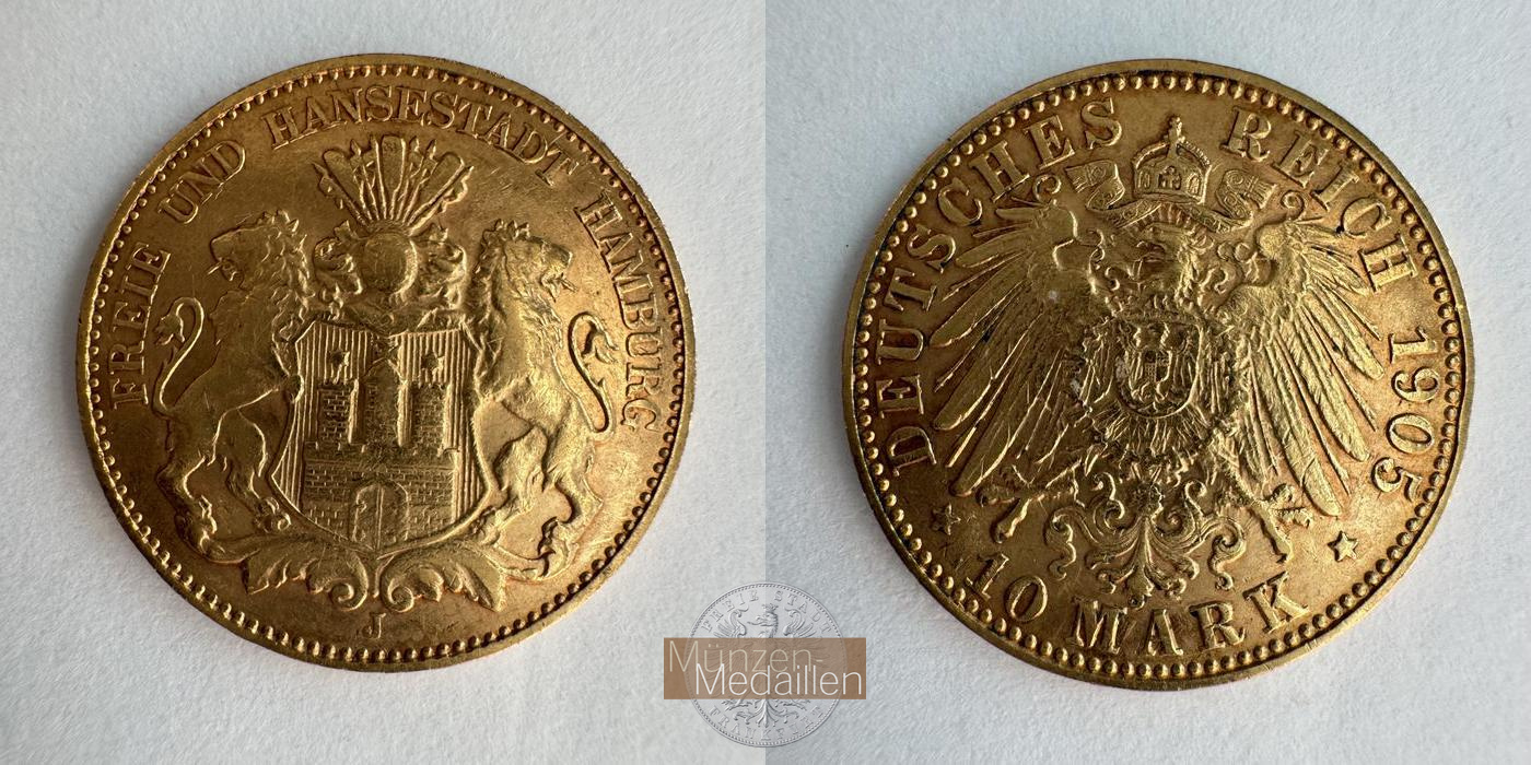 Deutsches Kaiserreich, Hamburg MM-Frankfurt KM#608 Feingold: 3,58g 10 Mark 1905 'J' 