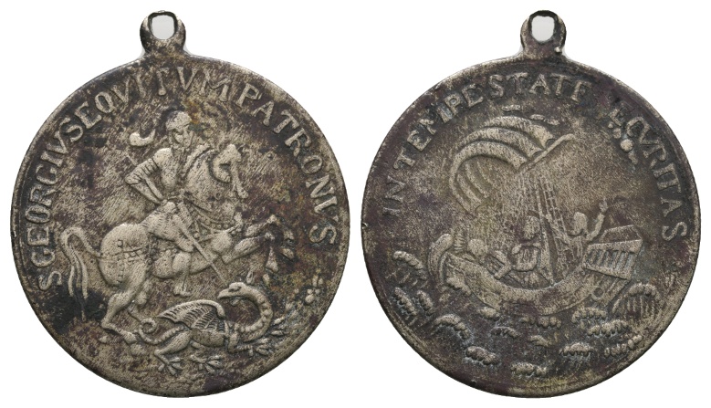  Medaille o.J.; Sankt-Georgs-Medaille; tragbar; versilbert; 12,58 g; Ø 35,85 mm   