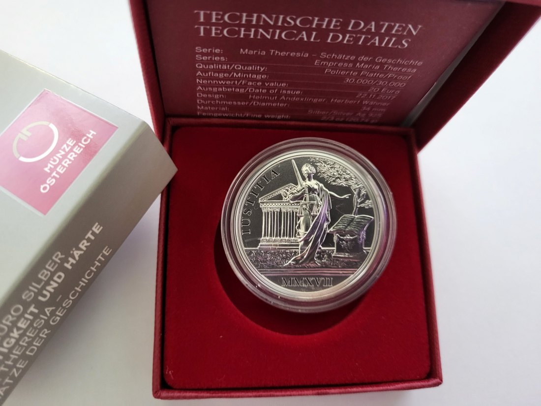  20 Euro 2017 Gerechtigkeit und Härte 925/20,74g fein silber Österreich Spittalgold9800 (5370   