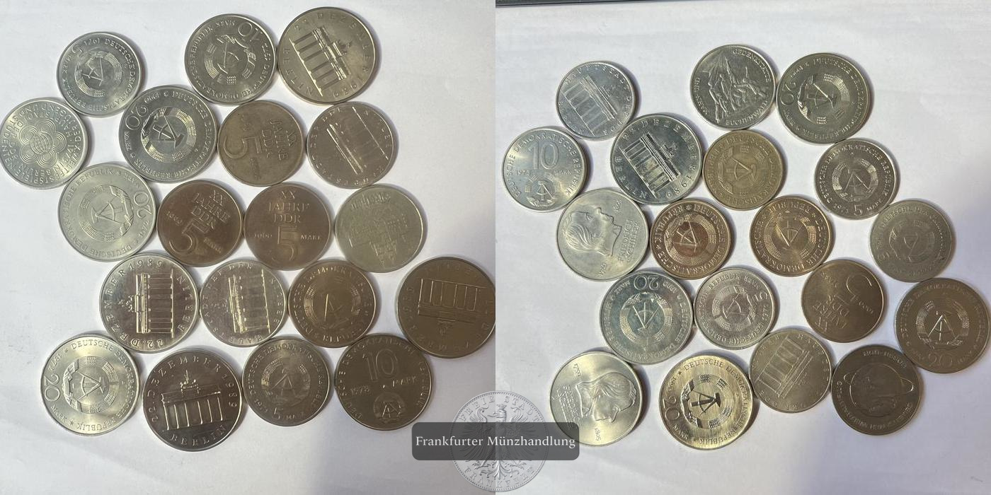  LOT:  DDR 7 x 20 Mark, 3 x 10 Mark, 9 x 5 Mark.  FM-FRANKFURT Copper-nickel&Nickel brass: 229g   