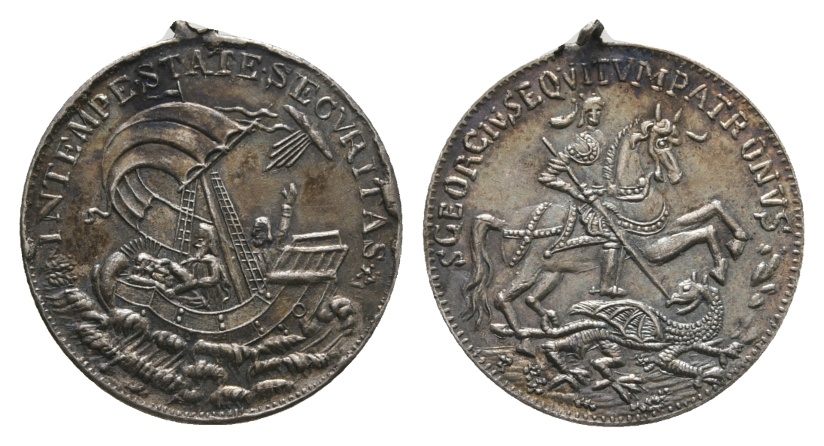  Medaille o.J.; Sankt-Georgs-Medaille; gebrochene Öse; Silber; 2,11 g; Ø 20,40 mm   