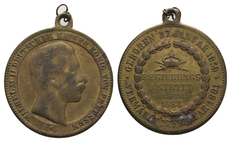  Medaille 1888; Preußen; Wilhelm II.; Regierungsantritt; tragbar; Bronze; 10,64 g; Ø 29,03 mm   