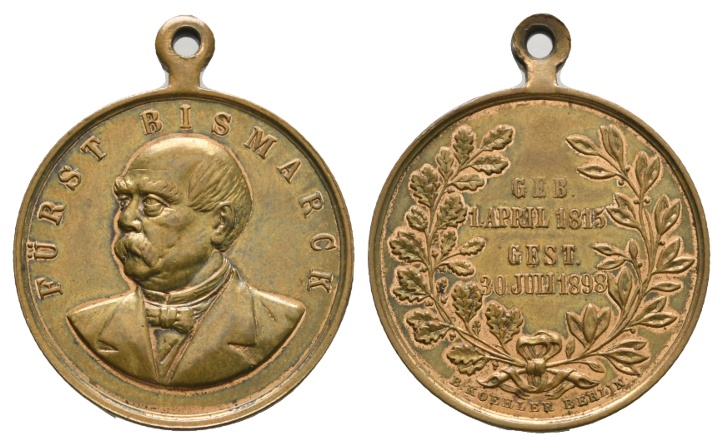  Medaille 1898; Fürst Bismarck; tragbar; Bronze; 10,56 g; Ø 27,18 mm   