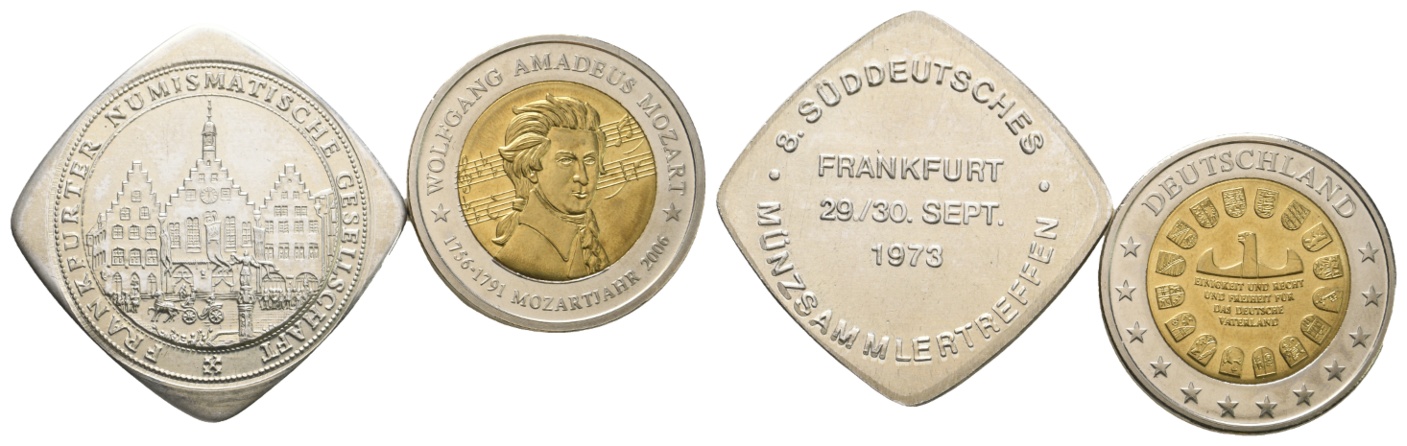  2 Medaillen Cu/Ni; Münzsammlertreffen Frankfurt 1973 / Mozartjahr 2006   