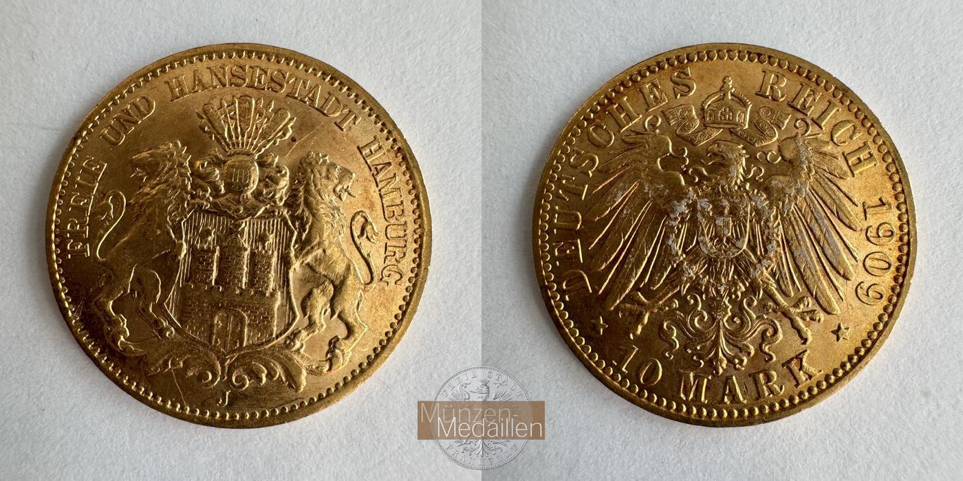 Deutsches Kaiserreich, Hamburg MM-Frankfurt KM#608 Feingold: 3,58g 10 Mark 1909 'J' 