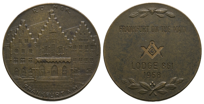  Medaille 1968; Frankfurt Freimauerer Lodge 861; Bronze; 37,16 g; Ø 39,44 mm   