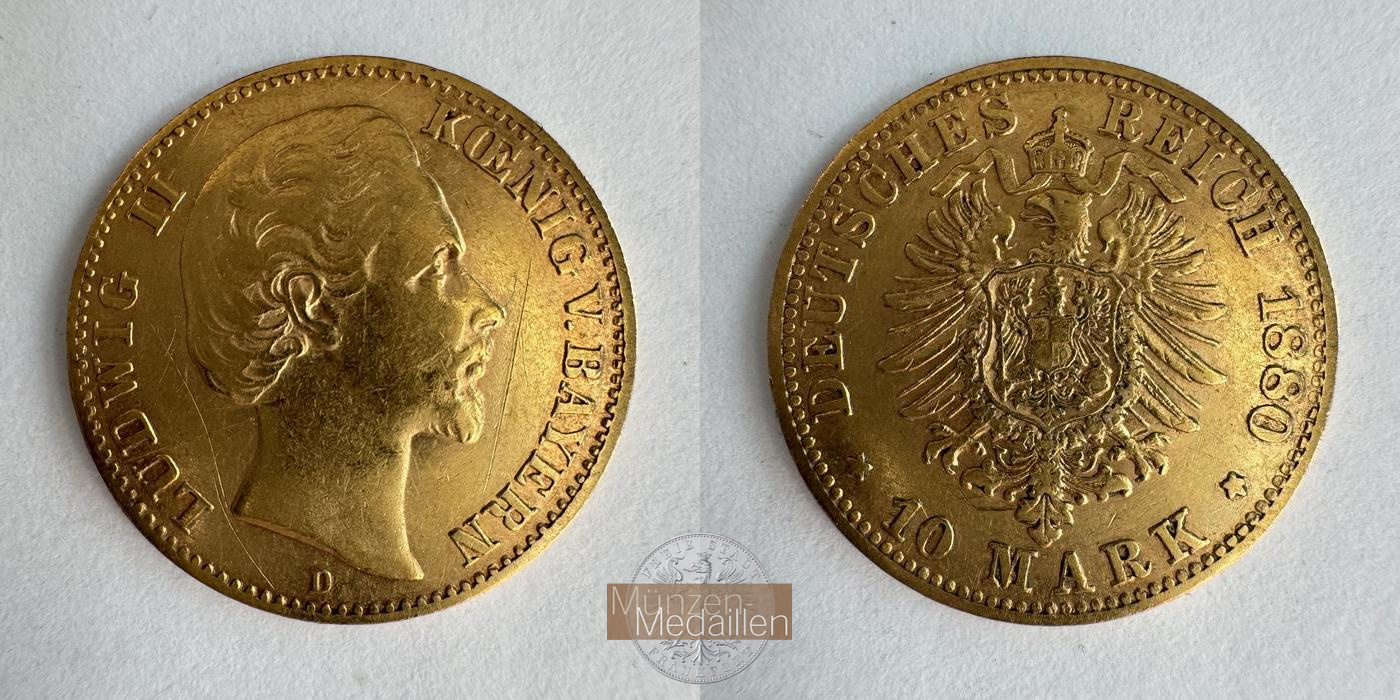 Bayern, Kaiserreich  10 Mark MM-Frankfurt KM#898 Feingold: 3,58g Ludwig II 1880 D 