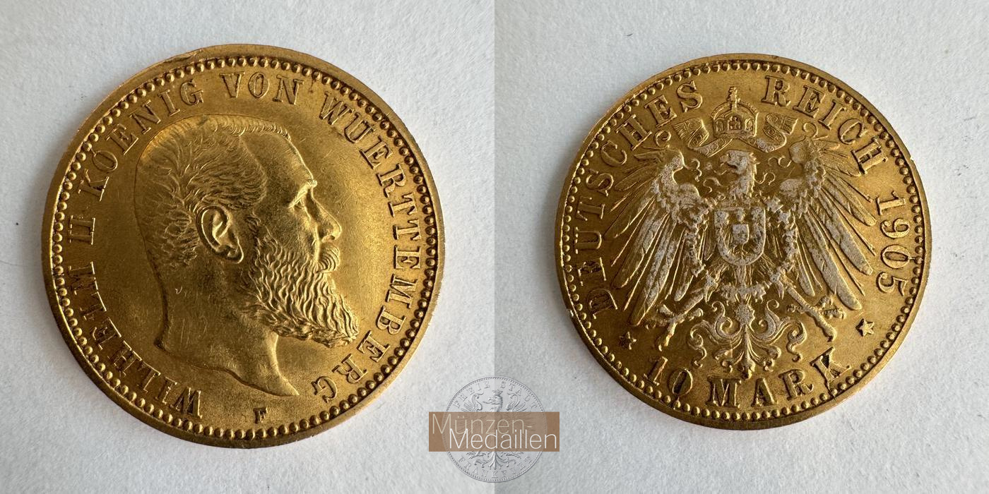 Dt. Kaiserreich Württemberg, Wilhelm II MM-Frankfurt KM#633 Feingold: 3,58g 10 Mark (1893-1913) 1905 F 