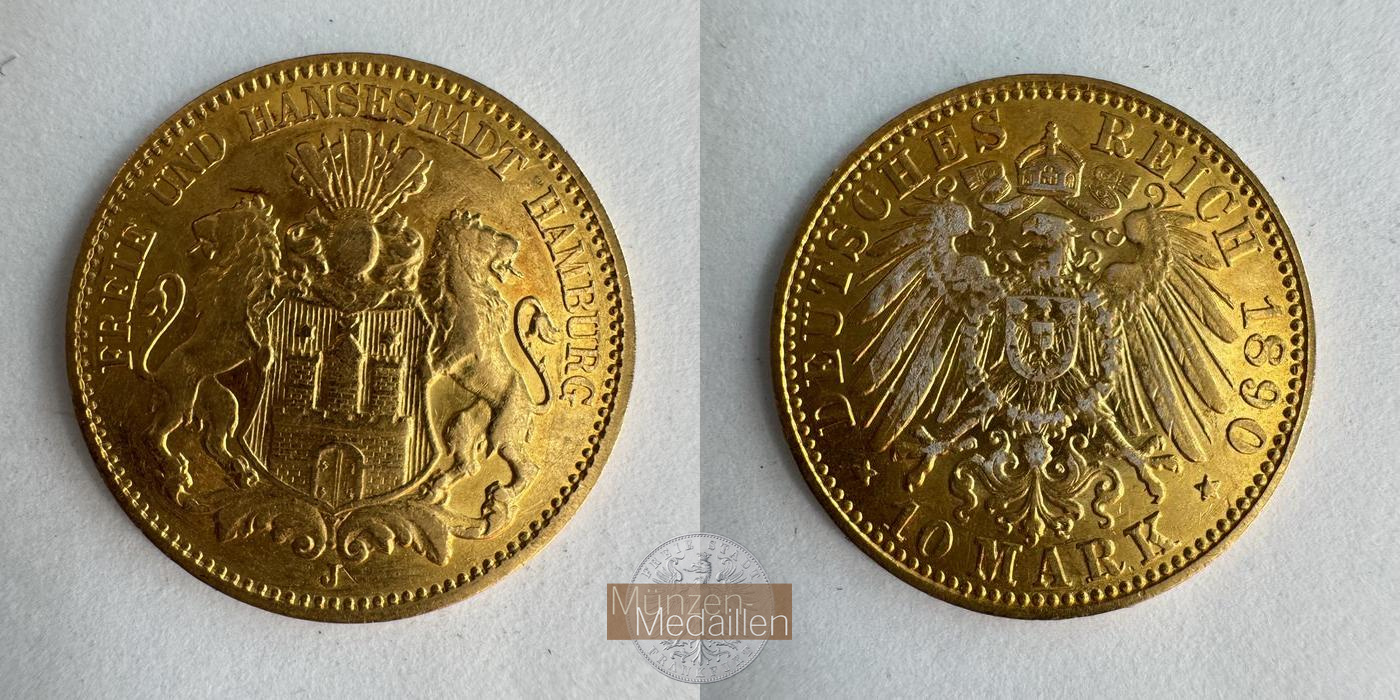 Deutsches Kaiserreich, Hamburg MM-Frankfurt KM#608 Feingold: 3,58g 10 Mark 1890 'J' 