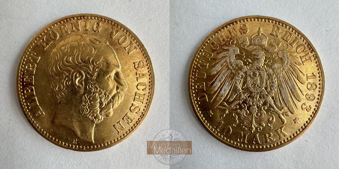 Dt. Kaiserreich Sachsen, Albert MM-Frankfurt KM#1247 Feingold: 3,58g 10 Mark (1891-1902) 1893 E 